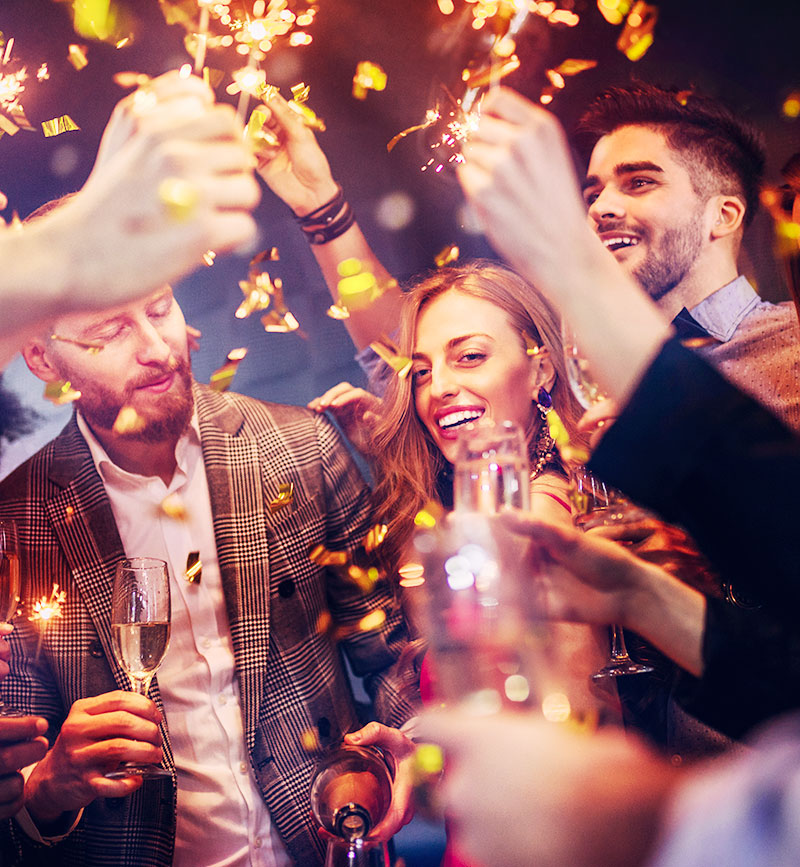 Gallery Group of People Parting With Drinks and Confetti Two Guys One Girl